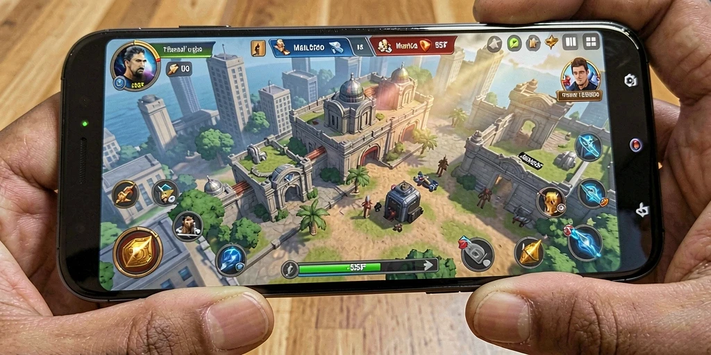Screenshot gameplay 555F yang menunjukkan pertahanan menara melawan gelombang musuh.
