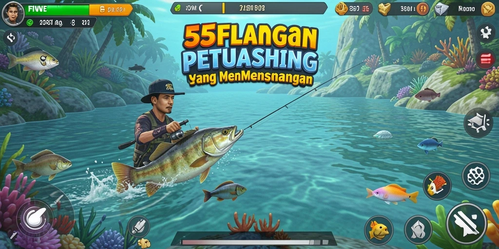 Gameplay 55FIVE yang menampilkan aksi memancing seru dan menantang.