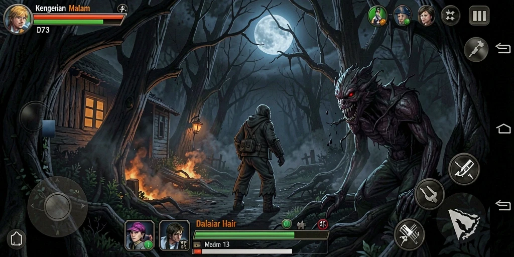 Tampilan gameplay D73 menampilkan suasana menyeramkan yang mendebarkan.