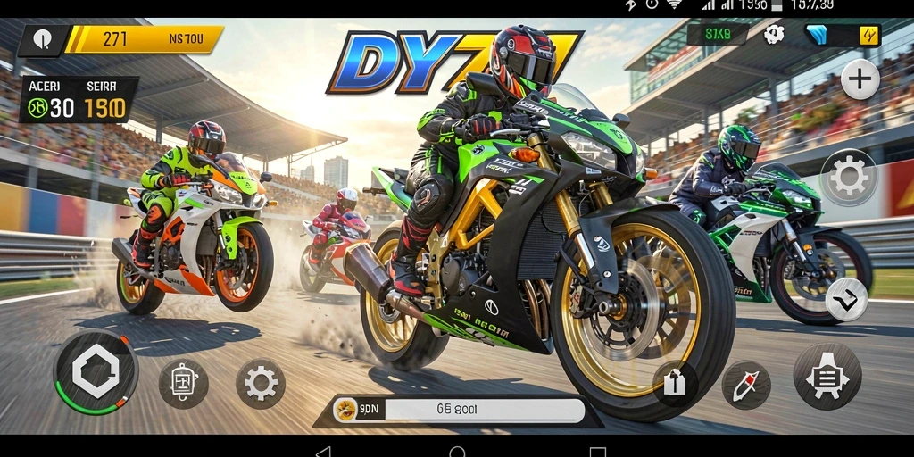 Screenshot DY777 menunjukkan aksi balapan motor yang mendebarkan.