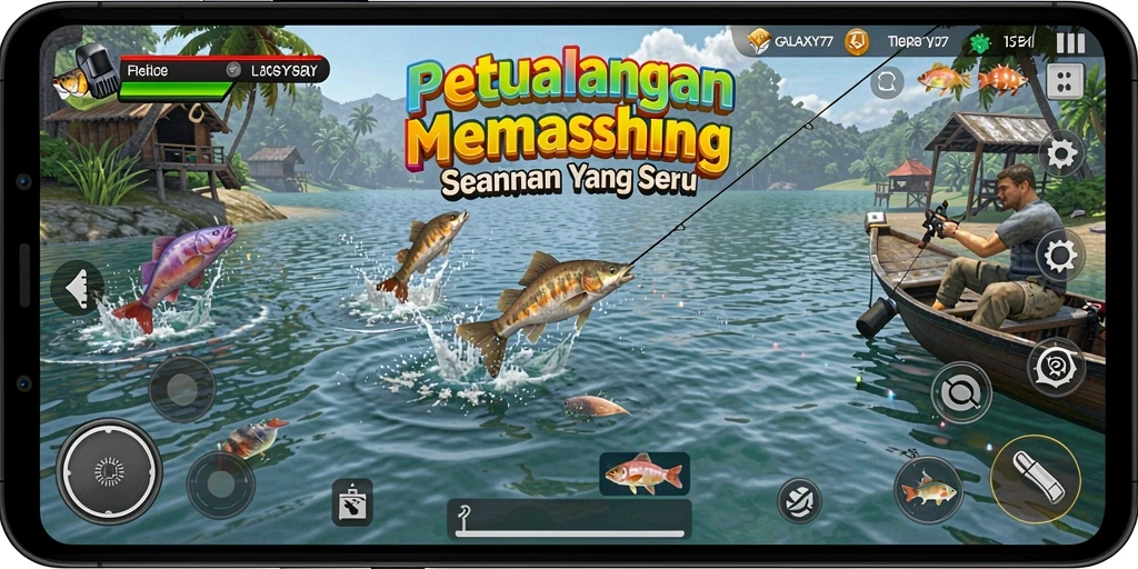 Screenshot gameplay GALAXY77 menampilkan aksi memancing yang seru.