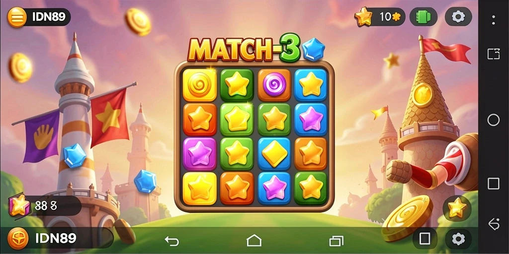 Tangkapan layar utama IDN89 menampilkan gameplay Match-3 yang menantang.