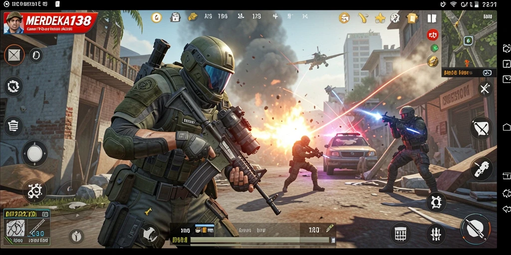 Screenshot utama MERDEKA138 menampilkan pertarungan epik dalam gameplay TPS.
