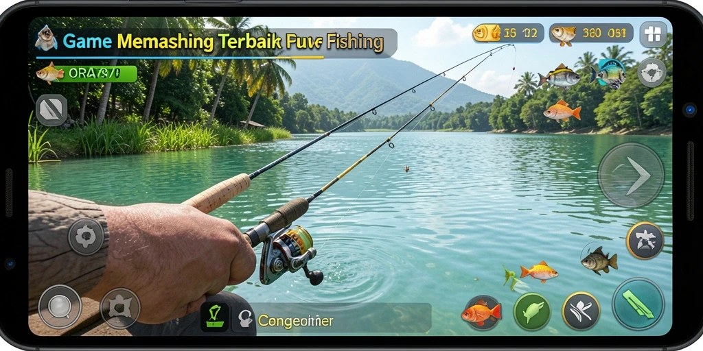 Screenshot gameplay ORA78 menampilkan aksi menangkap ikan yang seru.