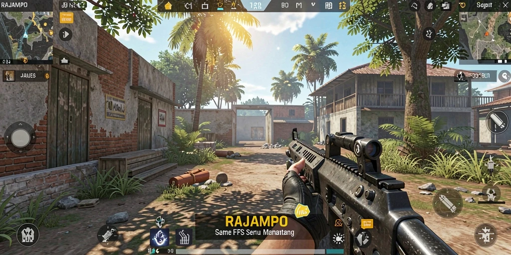 Tampilan gameplay menegangkan dari RAJAMPO, memperlihatkan aksi tembak-menembak yang seru.