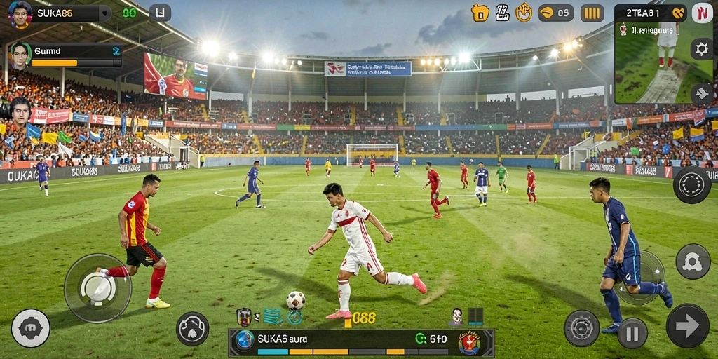Screenshot gameplay <strong>SUKA86</strong> menunjukkan aksi seru di lapangan sepak bola.