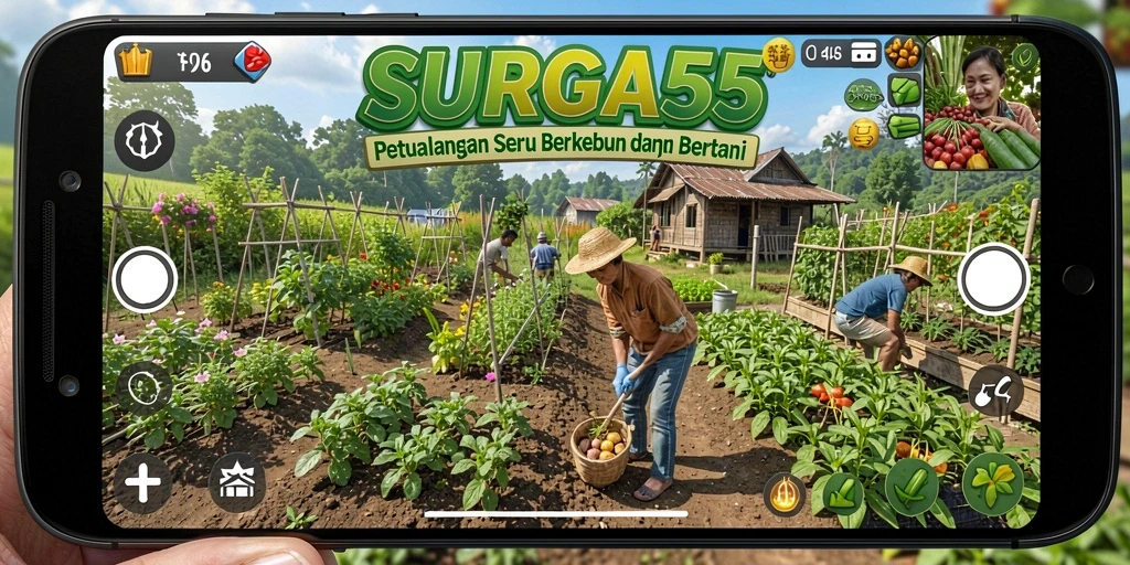 Screenshot gameplay SURGA55 menampilkan ladang hijau yang subur dan aktivitas bertani.