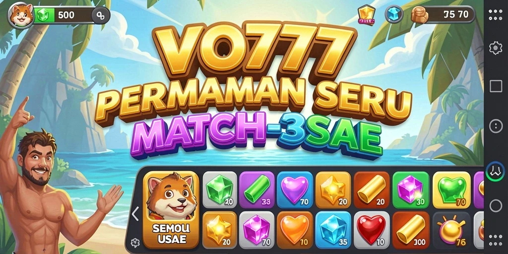 Screenshot utama VO777 menampilkan gameplay Match-3 yang seru dan penuh warna.